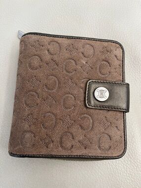 Celine Monogram Embossed Suede Wallet with Leather Trim